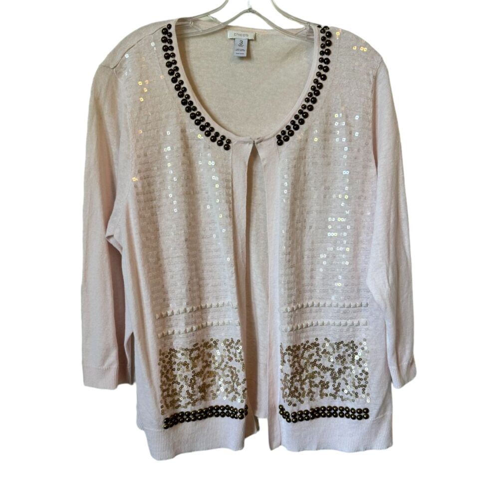 CHICO's Long Sleeve Cream Solid w/ Sequin Accents Stand-Up Collar Full Zip Sz 3